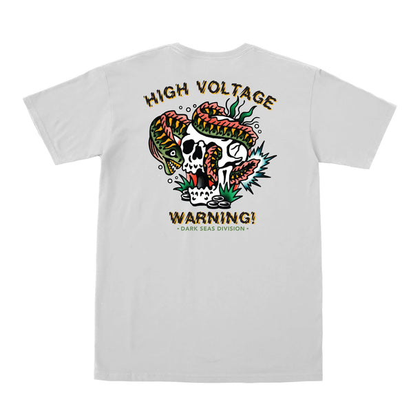 color: white ~ alt: high voltage stock t-shirt