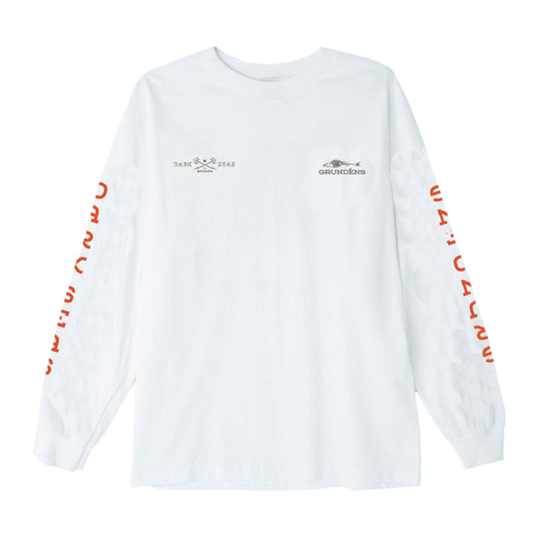 color: white ~ alt: Dark Seas X Grundens Sportsman LS T-Shirt